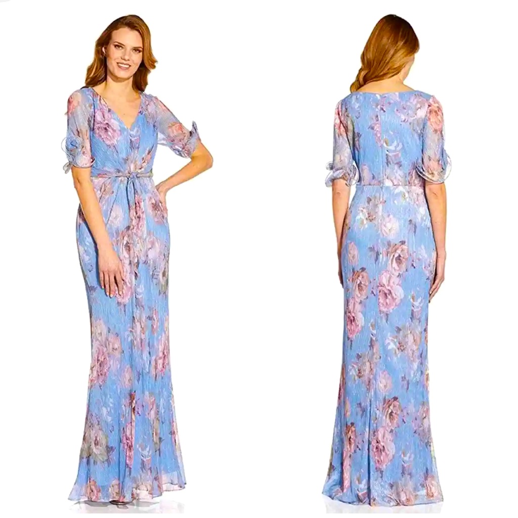 Adrianna Papell Printed Metallic Crinkle Gown.